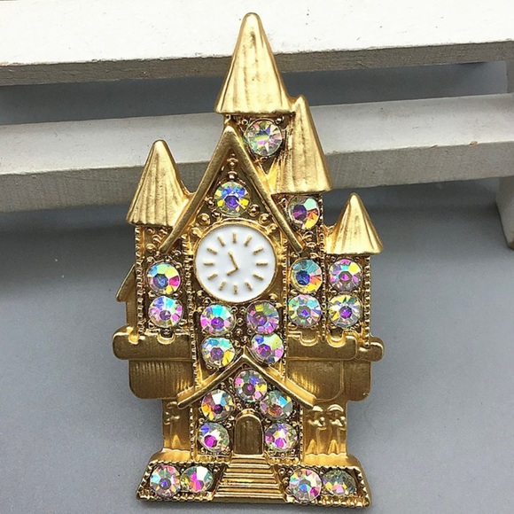 Castle Clock Bell Tower Gold & Iridescent Brooch Pin - Picture 1 of 3
